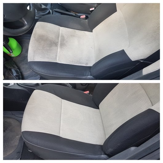 Curățare tapițerie auto Timișoara — scaun înainte și după detailing interior